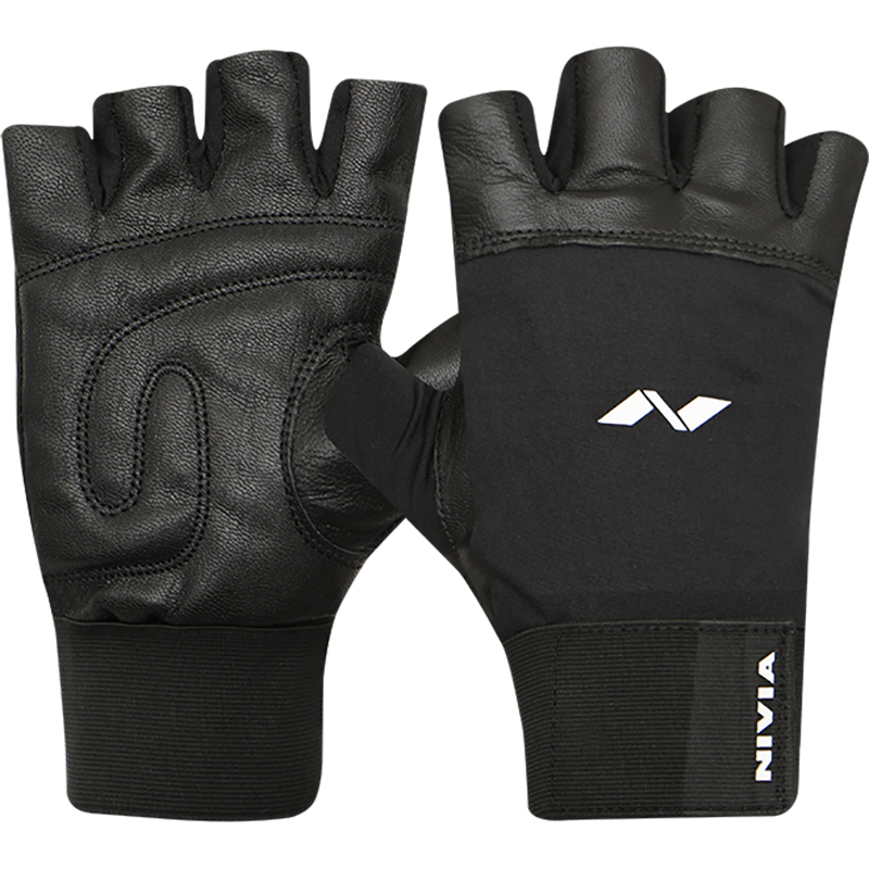 Nivia Leather Gloves with Wrist Band - Black - L