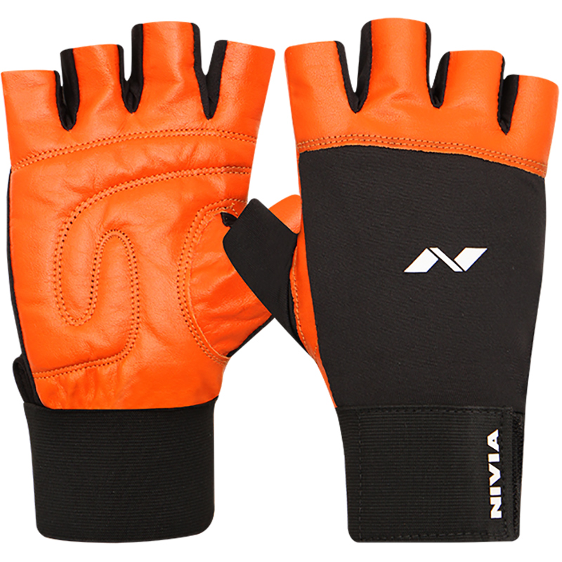 Nivia Leather Gloves with Wrist Band - Orange - L